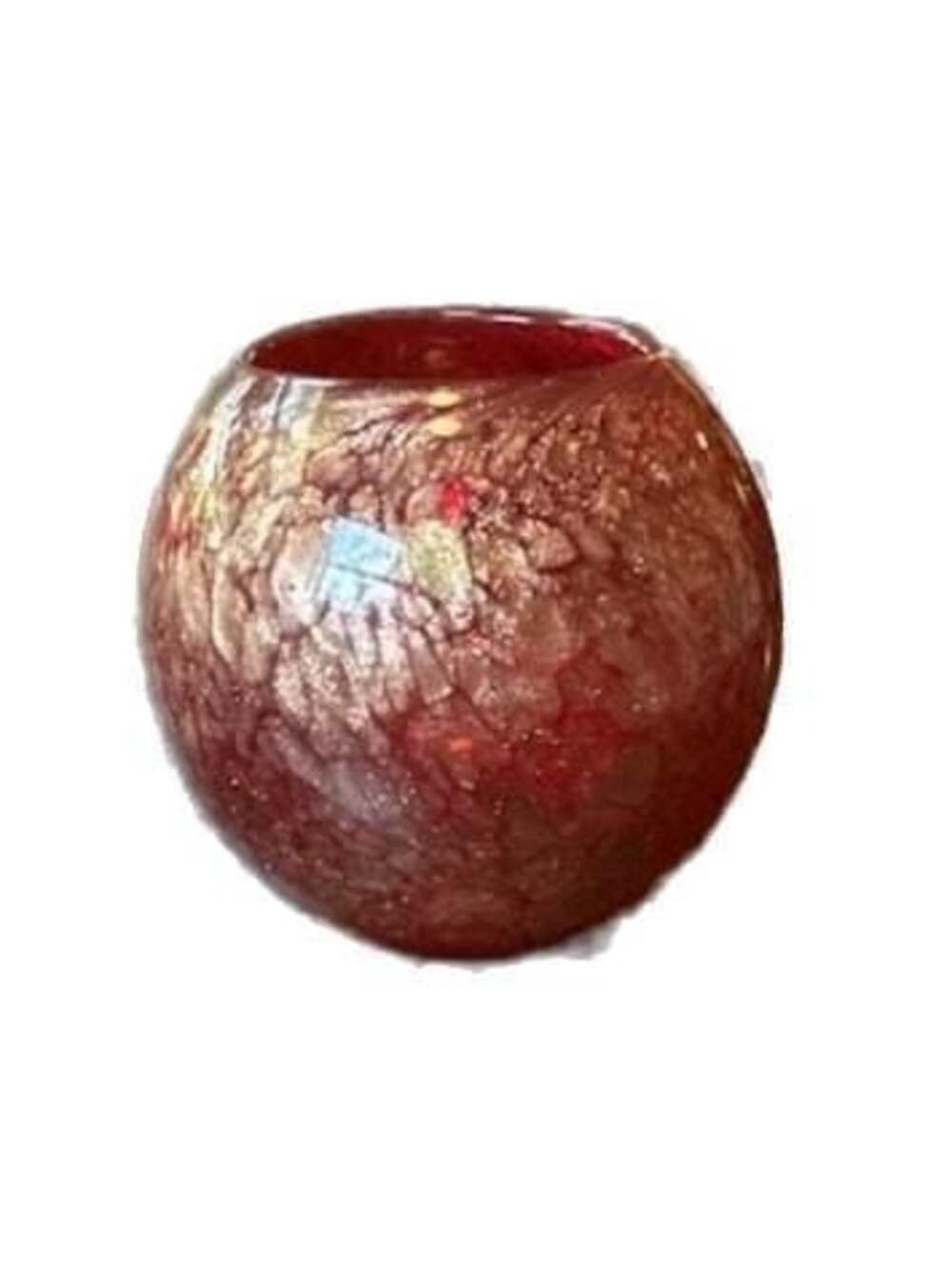 Hand Blown Art Glass Red and Gold Flecked Sphere Vase, approx 6” tall